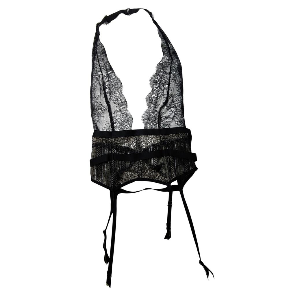Victoria's Secret Black Lacy Halter Teddy Sheer Lingerie Top Small Garter Straps